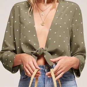 Reformation olive army green dot print cropped boxy tie front long sleeve blouse